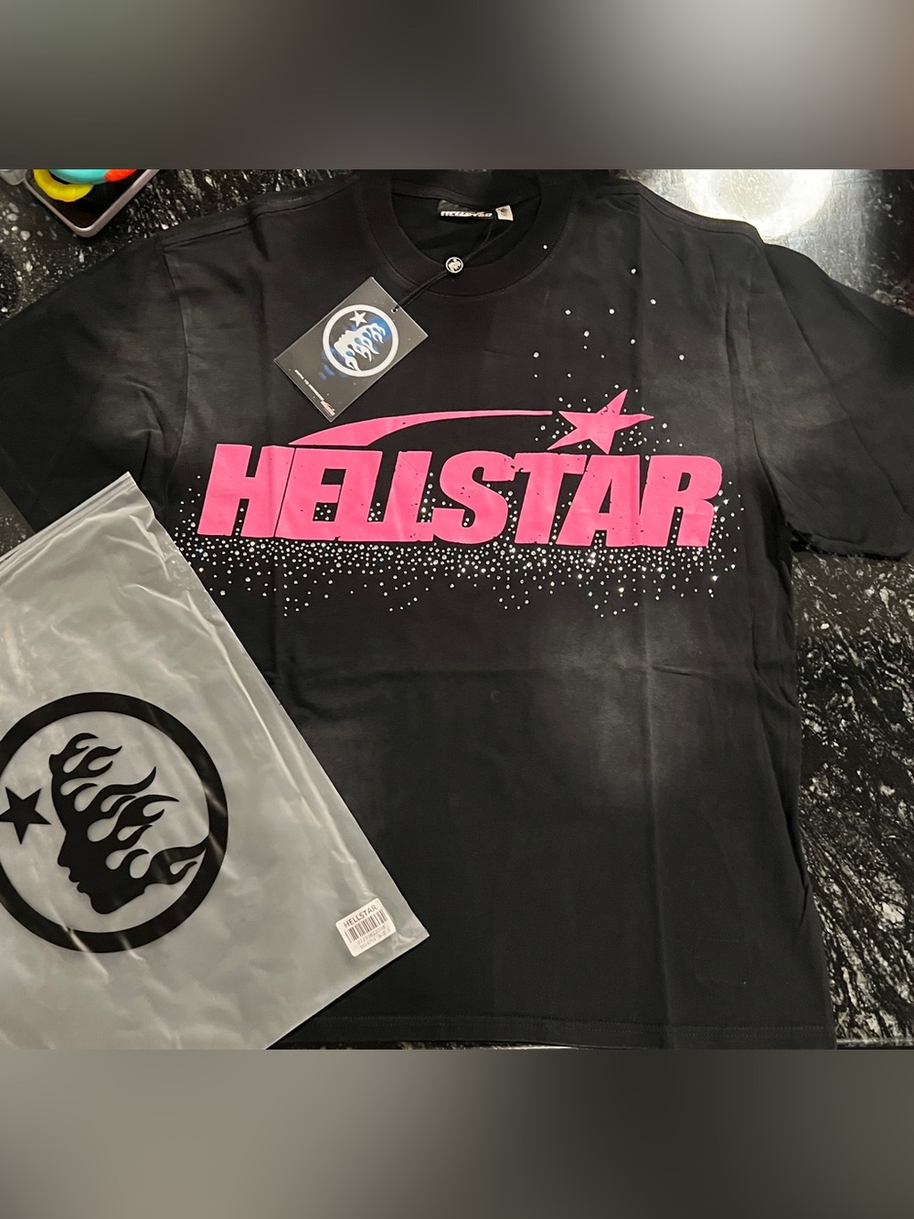 Black and Pink Rhinestone Hellstar shirt Size Medium
